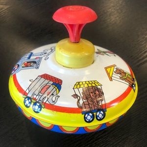 Authentic Ohio Art Vintage Tin Spinning Top Toy Circus Themed With Animals Train